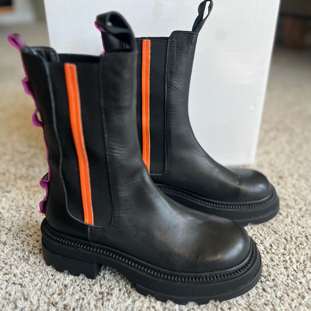 Luukaa leather lug sole boots with orange and purple detail size 38